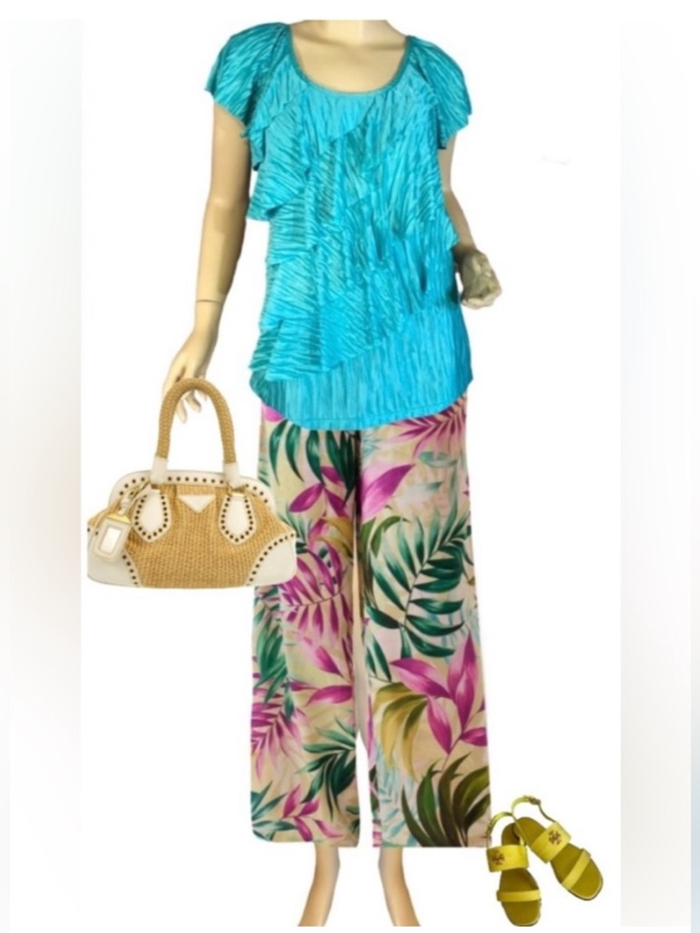 VINTAGE 1990'S AQUA TIERED RUFFLE SATIN-LOOK FLUTTER SLEEVE TOP (S)